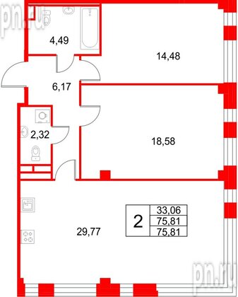 Квартира в ЖК «Кронфорт», 2 комнатная, 75.81 м², 1 этаж