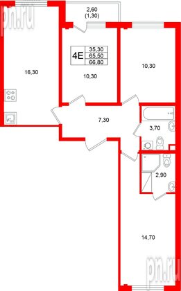 Квартира в ЖК «Ручьи–2», 3 комнатная, 66.8 м², 3 этаж