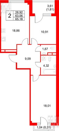 Квартира в ЖК «Кронфорт», 2 комнатная, 65.18 м², 4 этаж