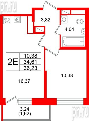 Квартира в ЖК «Юнтолово», 1 комнатная, 36.23 м², 4 этаж