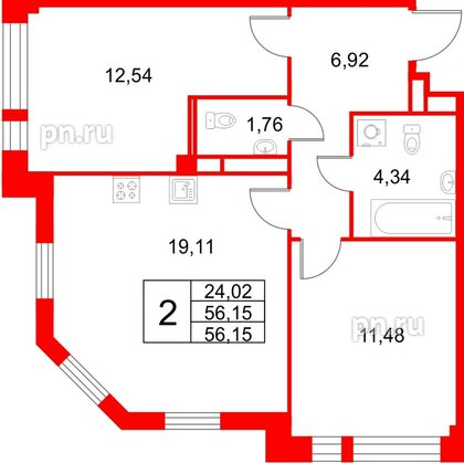 Квартира в ЖК «Кронфорт», 2 комнатная, 56.15 м², 3 этаж