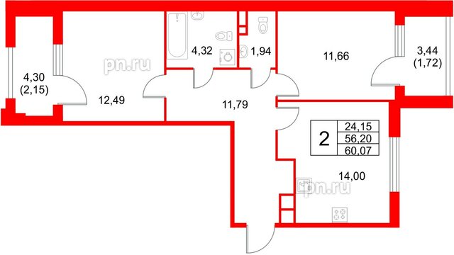 Квартира в ЖК «Кронфорт», 2 комнатная, 60.07 м², 3 этаж