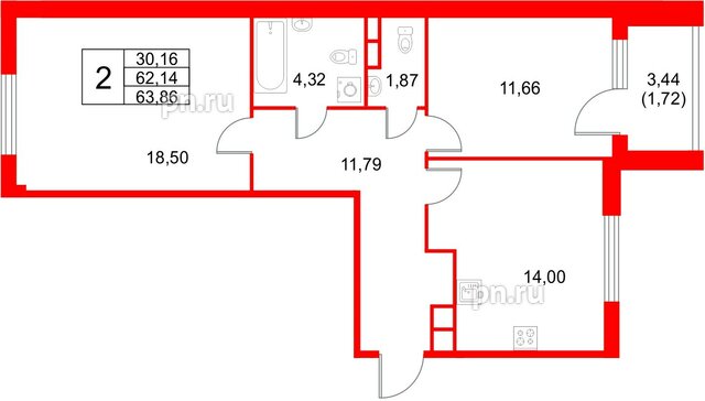 Квартира в ЖК «Кронфорт», 2 комнатная, 63.86 м², 4 этаж