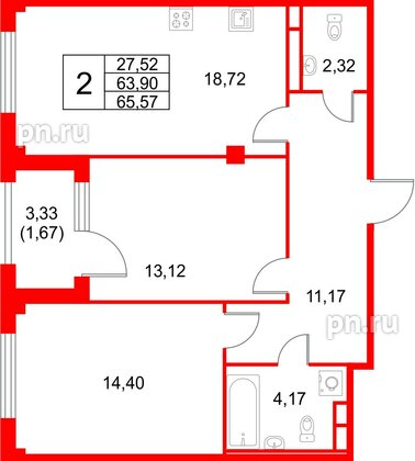 Квартира в ЖК «Кронфорт», 2 комнатная, 65.57 м², 4 этаж