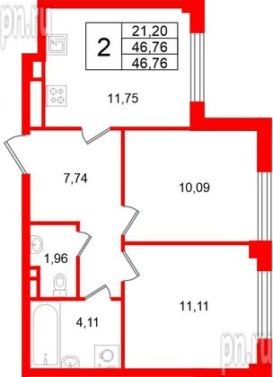 Квартира в ЖК «Кронфорт», 2 комнатная, 46.76 м², 3 этаж