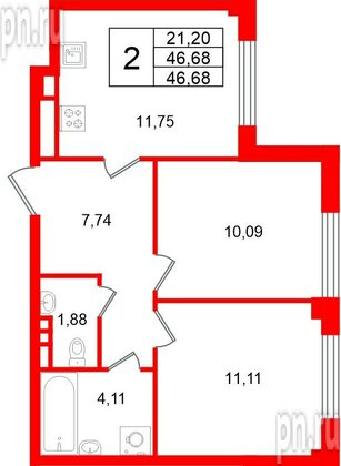 Квартира в ЖК «Кронфорт», 2 комнатная, 46.68 м², 4 этаж