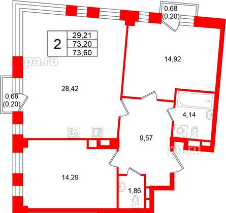 Квартира в ЖК «Кронфорт», 2 комнатная, 73.6 м², 2 этаж