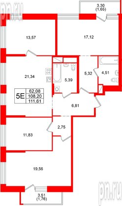 Квартира в ЖК «Юнтолово», 4 комнатная, 111.61 м², 3 этаж
