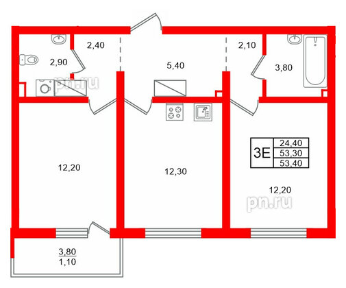 Квартира в ЖК 'Цветной город', 2 комнатная, 54.4 м², 8 этаж