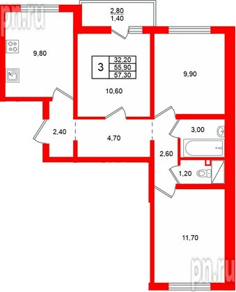 Квартира в ЖК «Цветной город», 3 комнатная, 57.3 м², 15 этаж