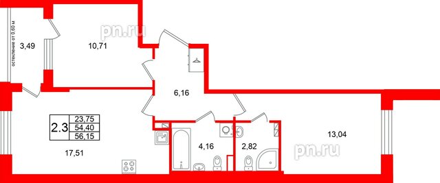 Квартира в ЖК Универ Сити, 2 комнатная, 54.4 м², 2 этаж