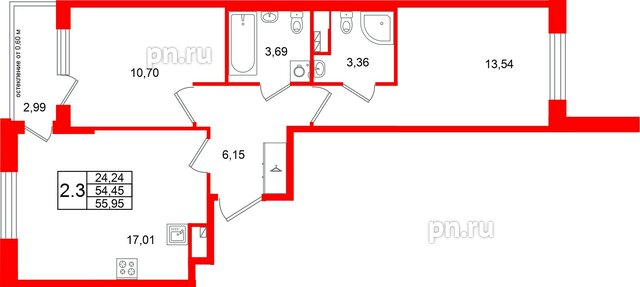 Квартира в ЖК Универ Сити, 2 комнатная, 54.45 м², 3 этаж