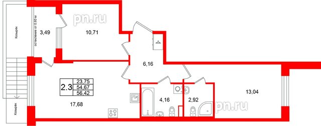 Квартира в ЖК Универ Сити, 2 комнатная, 54.67 м², 1 этаж