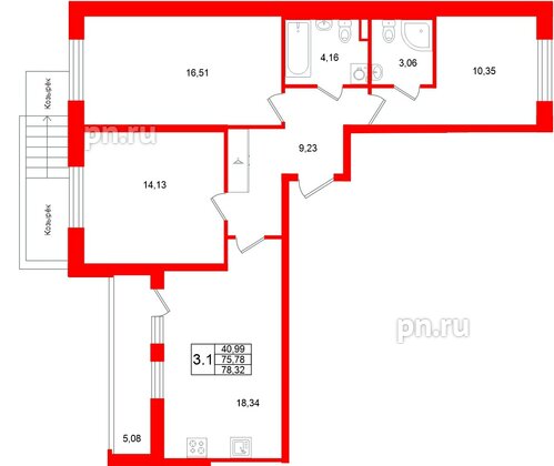 Квартира в ЖК «Универ Сити», 3 комнатная, 75.78 м², 1 этаж
