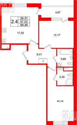 Квартира в ЖК Универ Сити, 2 комнатная, 57.02 м², 3 этаж