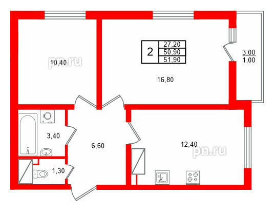 Квартира в ЖК 'Цветной город', 2 комнатная, 51.9 м², 15 этаж