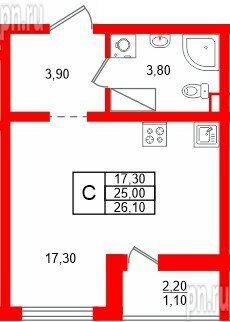 Квартира в ЖК «Цветной город», студия, 26.1 м², 25 этаж