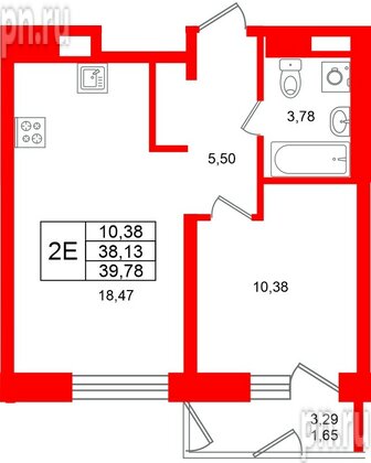 Квартира в ЖК «Юнтолово», 1 комнатная, 39.78 м², 20 этаж