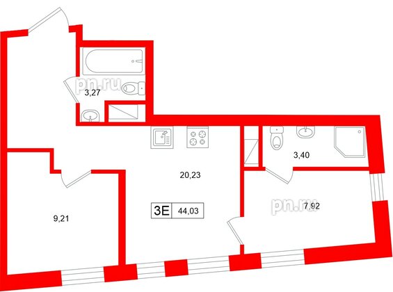 Апартаменты в ЖК «Нигилист», 2 комнатные, 44.03 м², 2 этаж