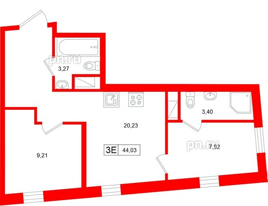 Апартаменты в ЖК «Нигилист», 2 комнатные, 44.03 м², 6 этаж