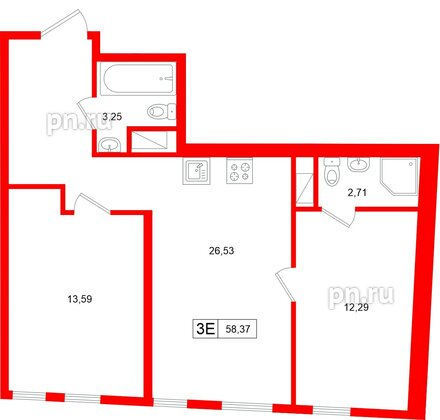 Апартаменты в ЖК «Нигилист», 2 комнатные, 58.37 м², 7 этаж