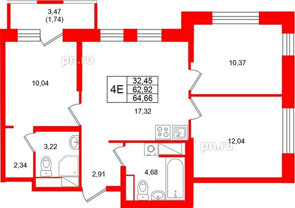 Квартира в ЖК Юнтолово, 3 комнатная, 64.66 м², 21 этаж