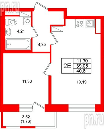 Квартира в ЖК «Юнтолово», 1 комнатная, 40.81 м², 19 этаж