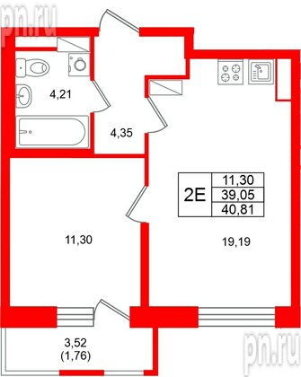 Квартира в ЖК «Юнтолово», 1 комнатная, 40.81 м², 20 этаж