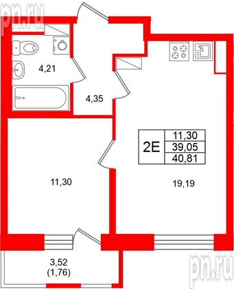 Квартира в ЖК «Юнтолово», 1 комнатная, 40.81 м², 22 этаж