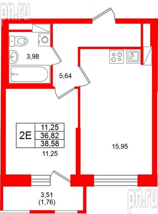 Квартира в ЖК «Юнтолово», 1 комнатная, 38.58 м², 14 этаж