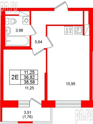 Квартира в ЖК «Юнтолово», 1 комнатная, 38.58 м², 18 этаж
