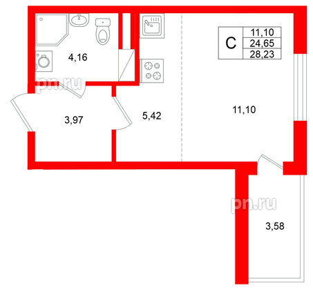 Квартира в ЖК Югтаун, студия, 28.23 м², 4 этаж