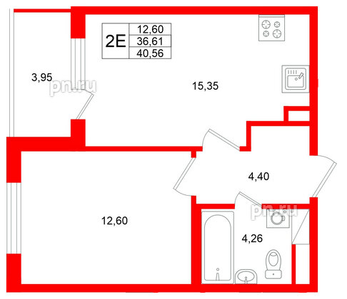 Квартира в ЖК Югтаун, 1 комнатная, 40.56 м², 5 этаж