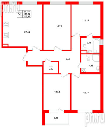 Квартира в ЖК Югтаун, 4 комнатная, 103.97 м², 2 этаж