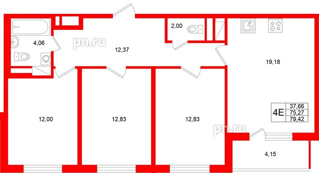 Квартира в ЖК «Югтаун», 3 комнатная, 79.42 м², 5 этаж