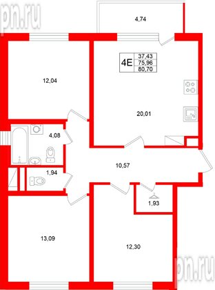 Квартира в ЖК «Югтаун», 3 комнатная, 80.7 м², 3 этаж
