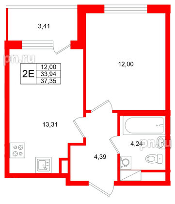 Квартира в ЖК Югтаун, 1 комнатная, 37.35 м², 3 этаж
