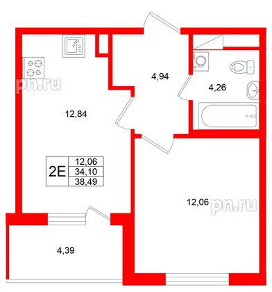 Квартира в ЖК Югтаун, 1 комнатная, 38.49 м², 3 этаж
