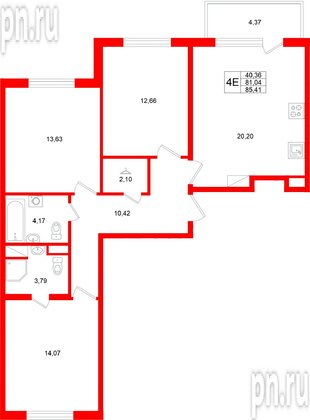Квартира в ЖК «Югтаун», 3 комнатная, 85.41 м², 3 этаж