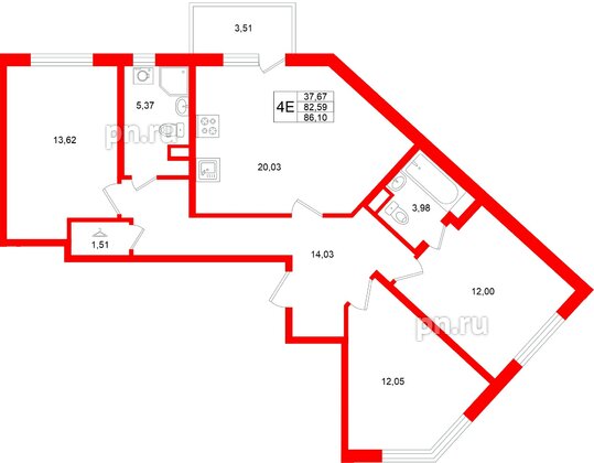 Квартира в ЖК «Югтаун», 3 комнатная, 86.1 м², 2 этаж