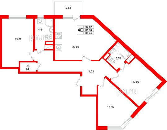 Квартира в ЖК «Югтаун», 3 комнатная, 85.45 м², 3 этаж