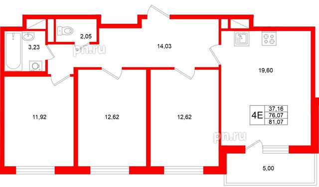 Квартира в ЖК «Югтаун», 3 комнатная, 81.07 м², 5 этаж