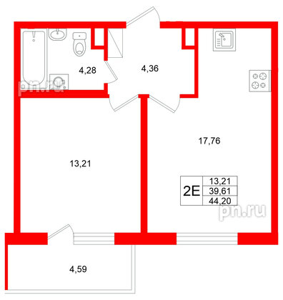 Квартира в ЖК Югтаун, 1 комнатная, 44.2 м², 5 этаж