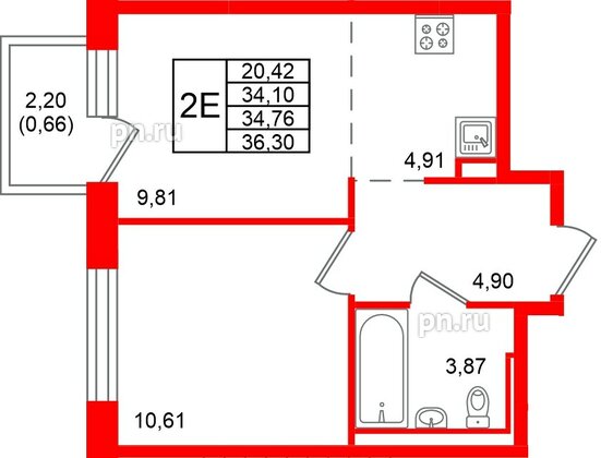 Квартира в ЖК «Живи в Рыбацком», 1 комнатная, 34.76 м², 6 этаж