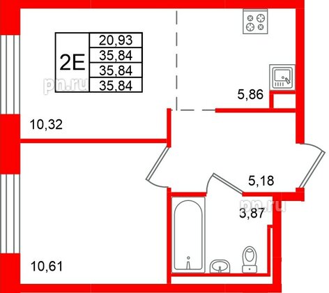 Квартира в ЖК «Живи в Рыбацком», 1 комнатная, 35.84 м², 6 этаж