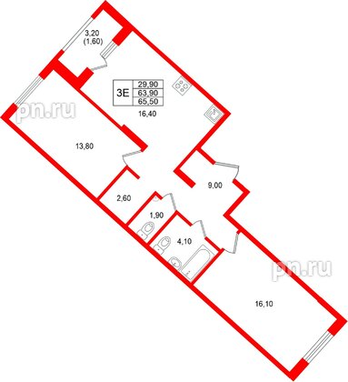 Квартира в ЖК «Ягодное Река Парк», 2 комнатная, 65.5 м², 11 этаж