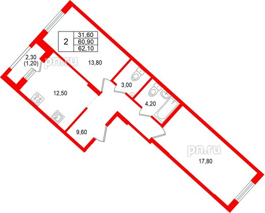 Квартира в ЖК «Ягодное Река Парк», 2 комнатная, 62.1 м², 10 этаж