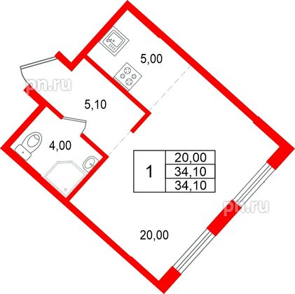 Квартира в ЖК «Ягодное Река Парк», 1 комнатная, 34.1 м², 6 этаж