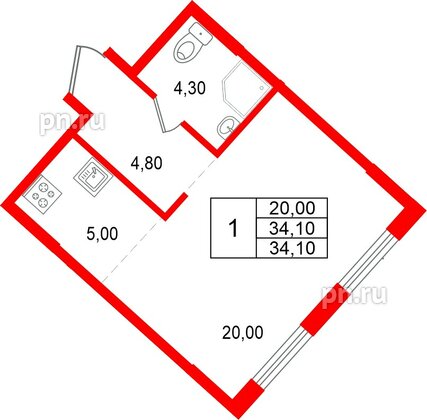 Квартира в ЖК «Ягодное Река Парк», 1 комнатная, 34.1 м², 7 этаж