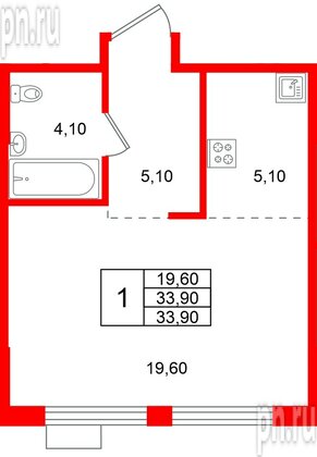 Квартира в ЖК «Ягодное Река Парк», 1 комнатная, 33.9 м², 8 этаж